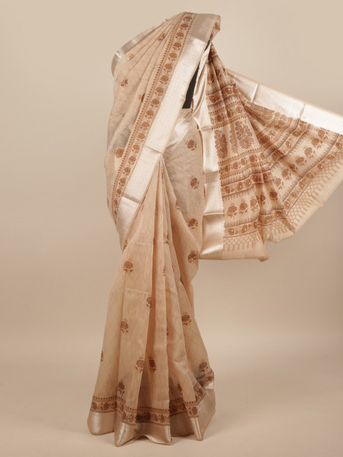 

Pothys Cream-Coloured & Brown Floral Printed Cotton Blend Saree
