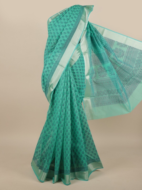 

Pothys Green & Silver-Toned Floral Printed Cotton Blend Saree