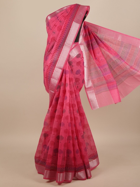 

Pothys Pink & Silver-Toned Ethnic Motifs Printed Cotton Blend Saree