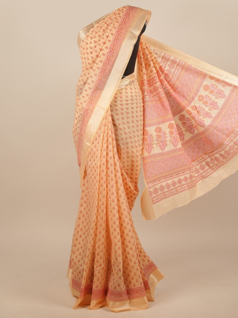 

Pothys Peach-Coloured & Red Floral Printed Cotton Blend Saree
