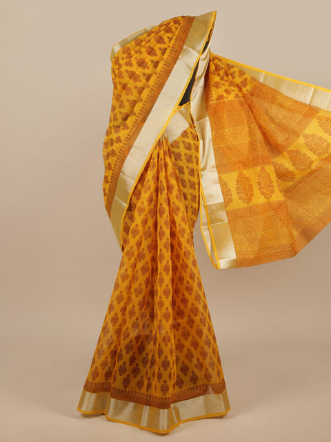 

Pothys Yellow & Silver-Toned Ethnic Motifs Printed Cotton Blend Saree