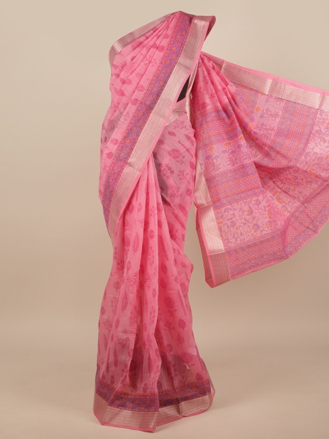 

Pothys Pink & Silver-Toned Floral Printed Cotton Blend Saree
