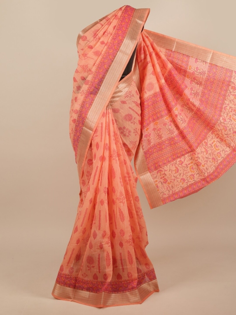 

Pothys Peach-Coloured & Gold-Toned Floral Printed Cotton Blend Saree