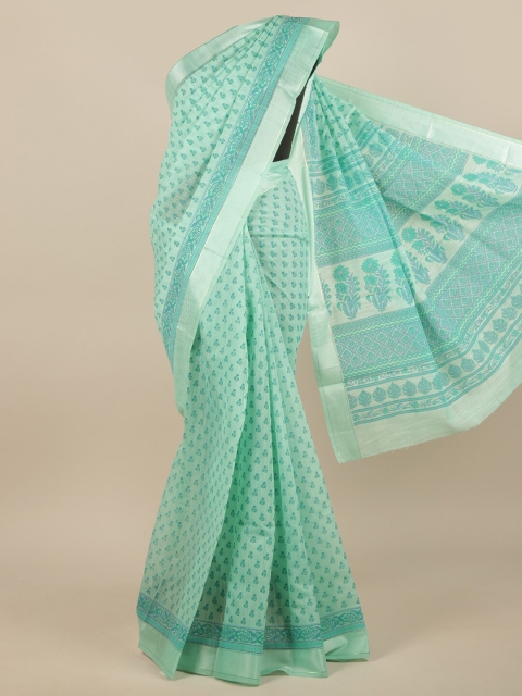 

Pothys Green & Silver-Toned Floral Printed Cotton Blend Saree