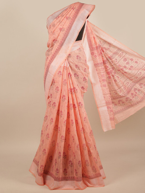 

Pothys Peach-Coloured & Silver-Toned Floral Printed Cotton Blend Saree