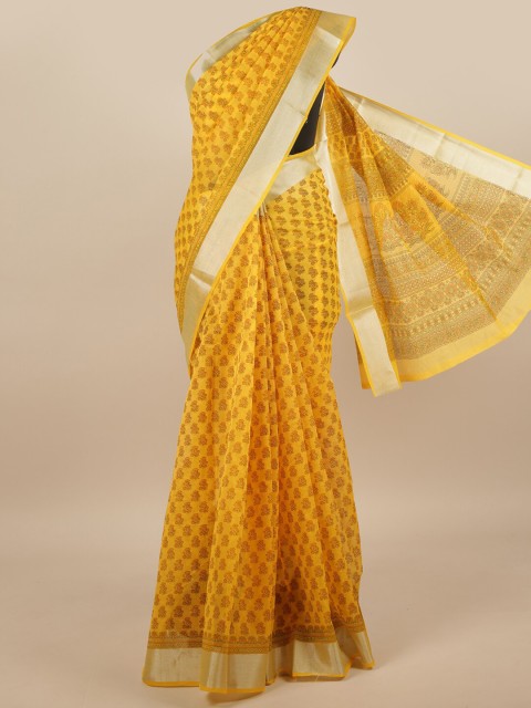 

Pothys Yellow & Silver-Toned Floral Printed Cotton Blend Saree