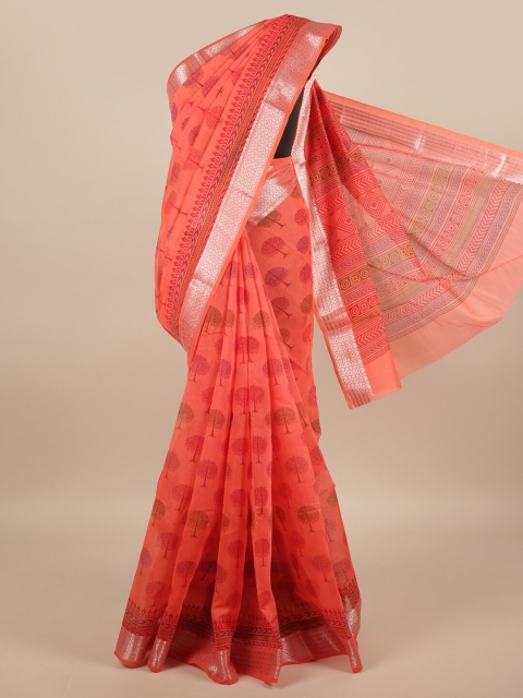 

Pothys Peach-Coloured & Silver-Toned Ethnic Motifs Printed Cotton Blend Saree