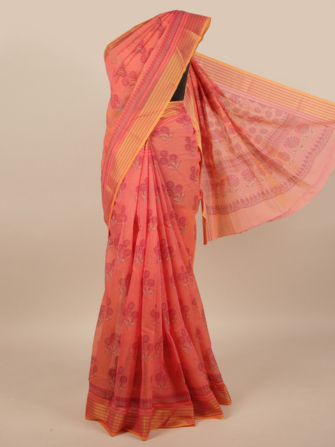 

Pothys Orange & Gold-Toned Floral Printed Cotton Blend Saree