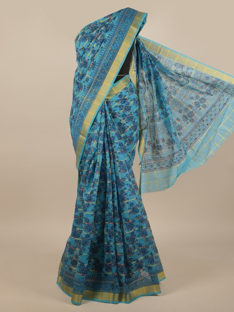 

Pothys Blue & Gold-Toned Floral Printed Cotton Blend Saree