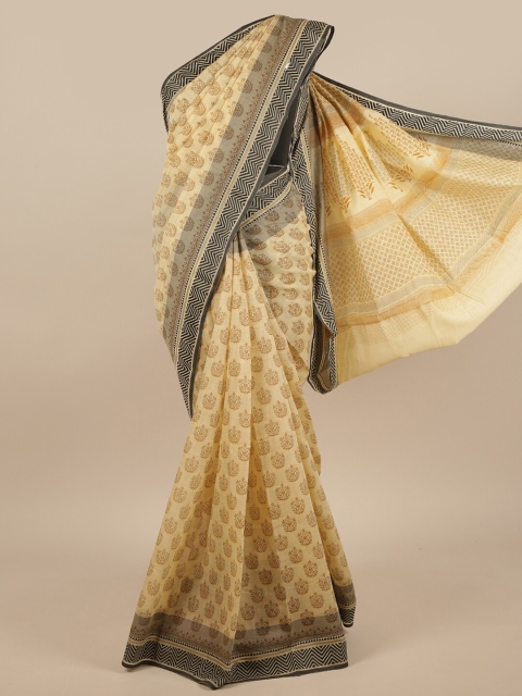 

Pothys Cream-Coloured & Black Floral Printed Cotton Blend Saree