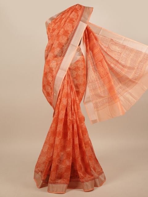 

Pothys Orange & Silver-Toned Floral Printed Cotton Blend Saree
