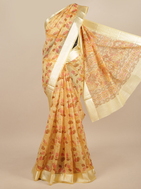 

Pothys Yellow & Silver-Toned Floral Printed Cotton Blend Saree