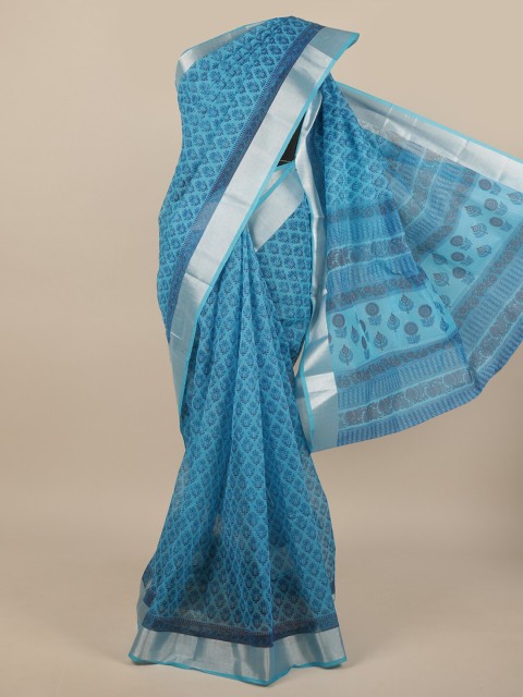 

Pothys Blue & Silver-Toned Floral Printed Cotton Blend Saree