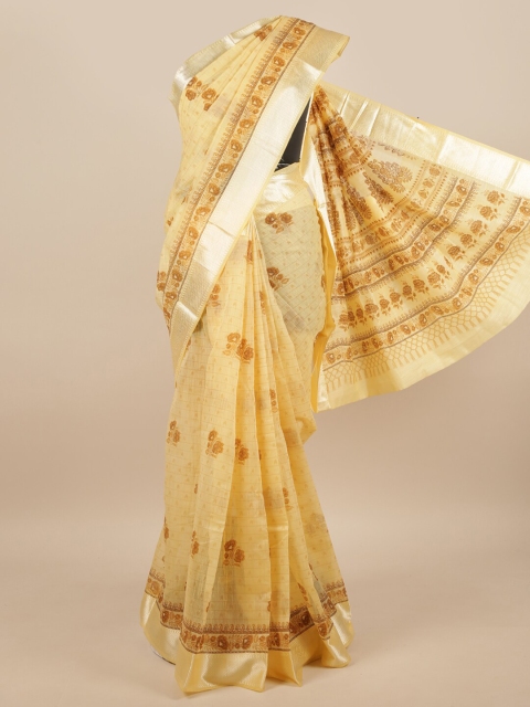 

Pothys Yellow & Silver-Toned Floral Printed Cotton Blend Saree