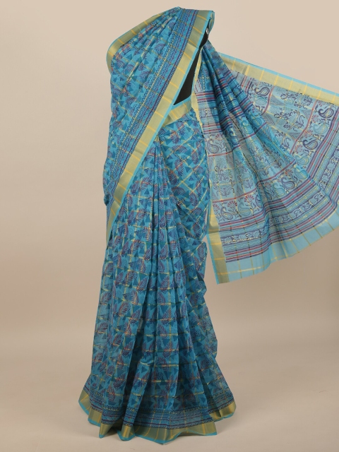 

Pothys Blue & Gold-Toned Floral Printed Cotton Blend Saree