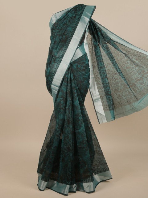 

Pothys Green & Silver-Toned Floral Printed Cotton Blend Saree