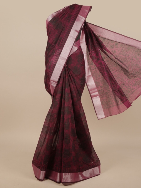 

Pothys Burgundy & Silver-Toned Floral Printed Cotton Blend Saree