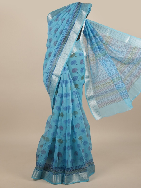 

Pothys Blue & Silver-Toned Ethnic Motifs Printed Cotton Blend Saree