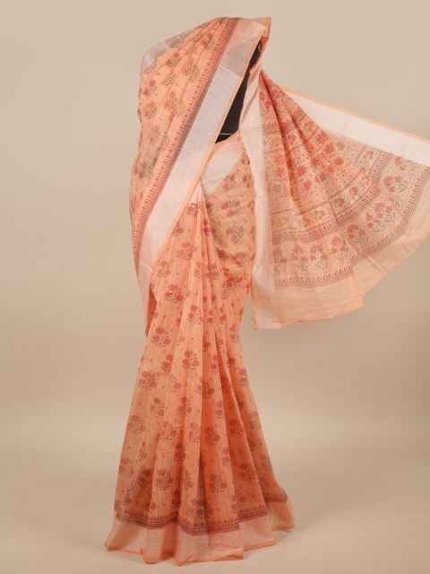

Pothys Peach-Coloured & Silver-Toned Floral Saree
