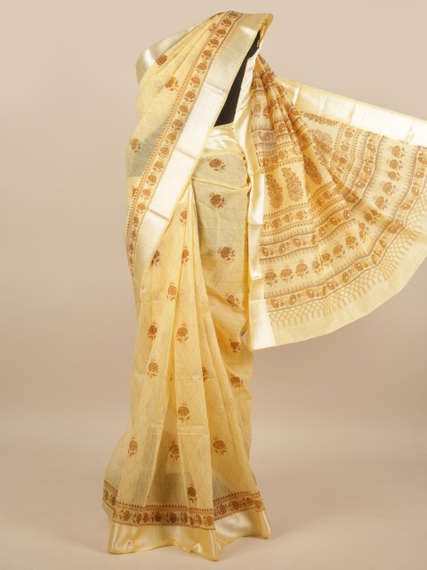

Pothys Yellow & Silver-Toned Floral Saree
