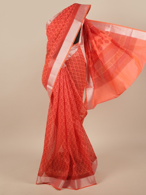 

Pothys Orange & Silver-Toned Floral Saree