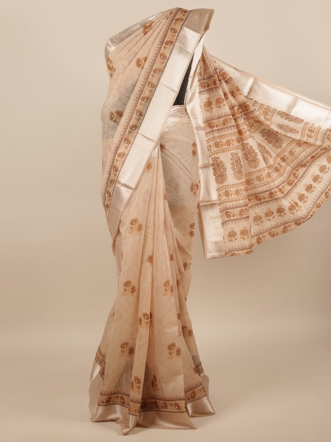 

Pothys Cream-Coloured & Brown Floral Zari Saree