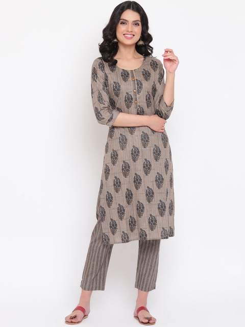 

Napra Women Grey Ethnic Motifs Printed Regular Pure Cotton Kurta with Trousers