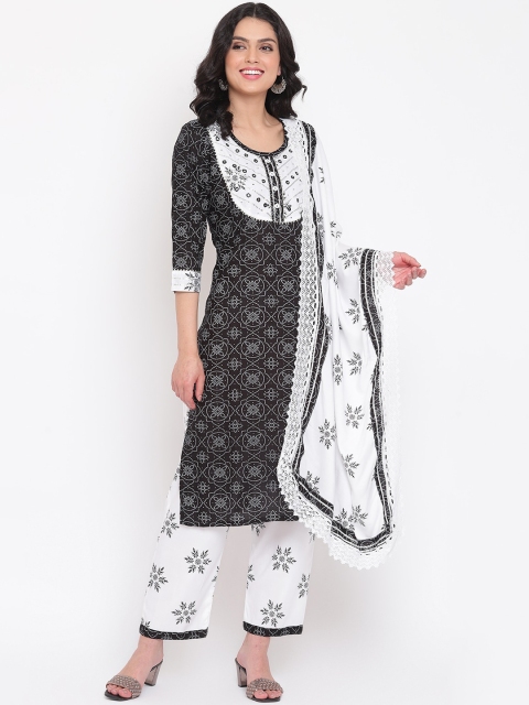 

Napra Women Black Floral Printed Panelled Pure Cotton Kurta with Trousers & With Dupatta