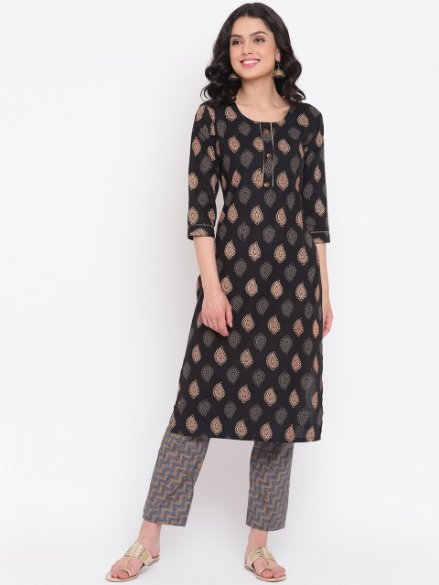 

Napra Women Black Ethnic Motifs Printed Regular Pure Cotton Kurta with Trousers