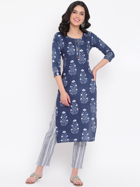 

Napra Women Blue Floral Printed Regular Pure Cotton Kurta With Trousers