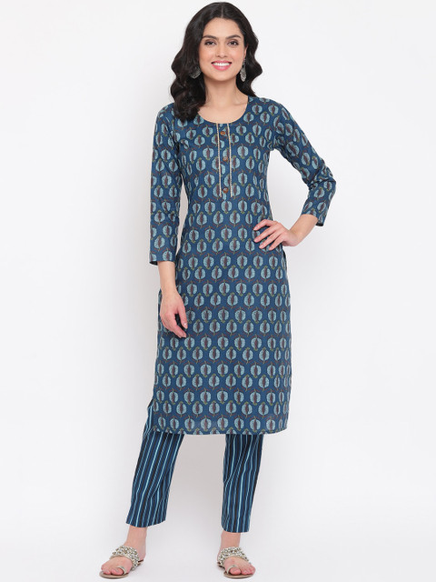 

Napra Women Blue Ethnic Motifs Printed Regular Pure Cotton Kurta With Trousers