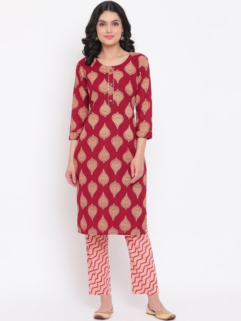 

Napra Women Maroon Ethnic Motifs Printed Regular Pure Cotton Kurta With Trousers