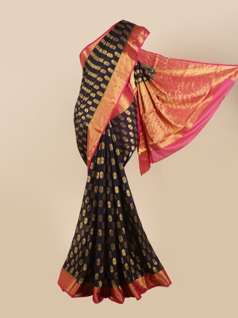 

Pothys Navy Blue & Gold-Toned Floral Zari Art Silk Saree