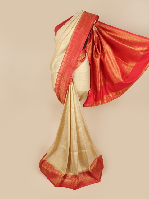 

Pothys Cream-Coloured & Red Ethnic Motifs Zari Art Silk Saree