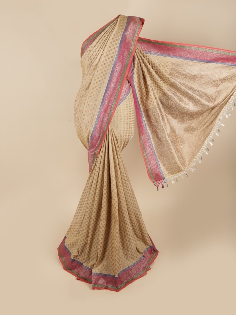 

Pothys Cream-Coloured & Silver-Toned Floral Zari Art Silk Saree