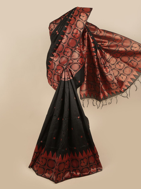 

Pothys Black & Copper-Toned Floral Zari Jute Silk Saree
