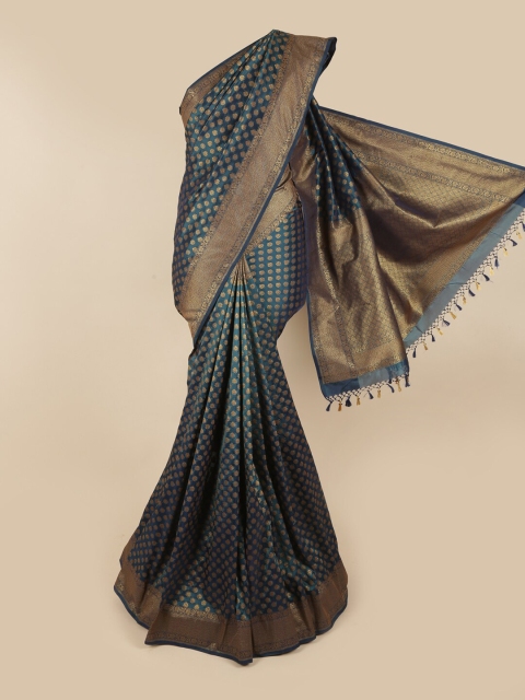 

Pothys Navy Blue & Gold-Toned Floral Zari Art Silk Saree