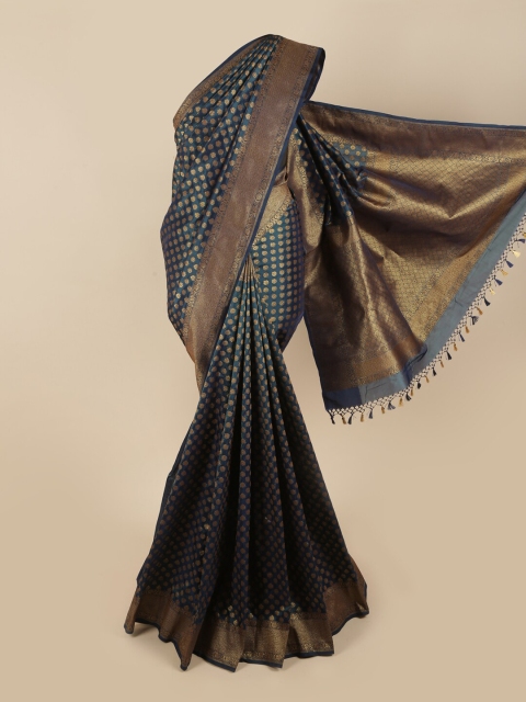 

Pothys Teal & Gold-Toned Floral Zari Art Silk Saree
