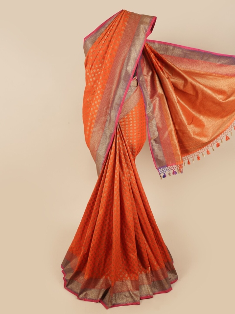 

Pothys Orange & Gold-Toned Floral Zari Art Silk Saree