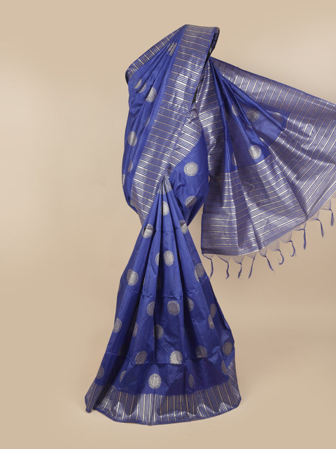 

Pothys Blue & Silver-Toned Zari Jute Silk Saree