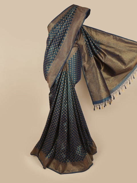 

Pothys Teal & Gold-Toned Floral Zari Art Silk Saree