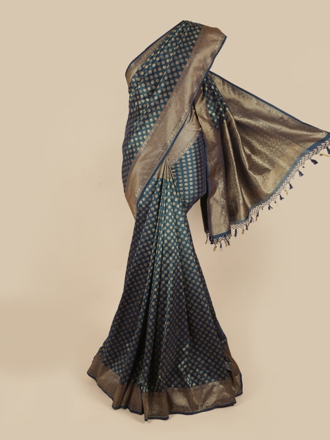 

Pothys Teal & Gold-Toned Floral Zari Art Silk Saree
