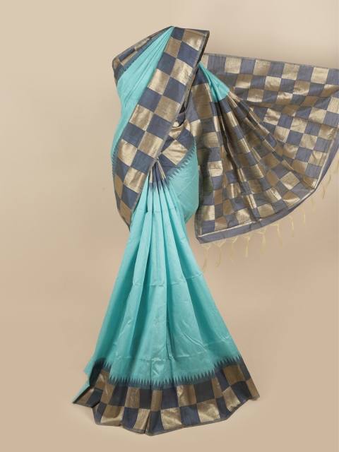 

Pothys Turquoise Blue & Grey Zari Jute Silk Saree