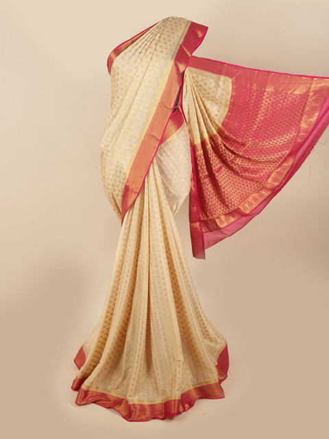 

Pothys Cream-Coloured & Pink Floral Zari Art Silk Saree