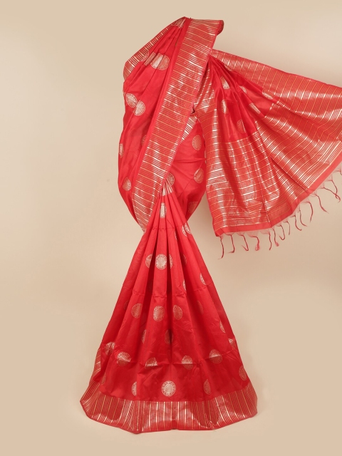 

Pothys Red & Silver-Toned Zari Jute Silk Saree