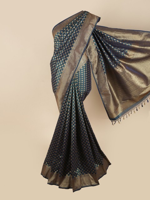 

Pothys Teal & Gold-Toned Floral Zari Art Silk Saree