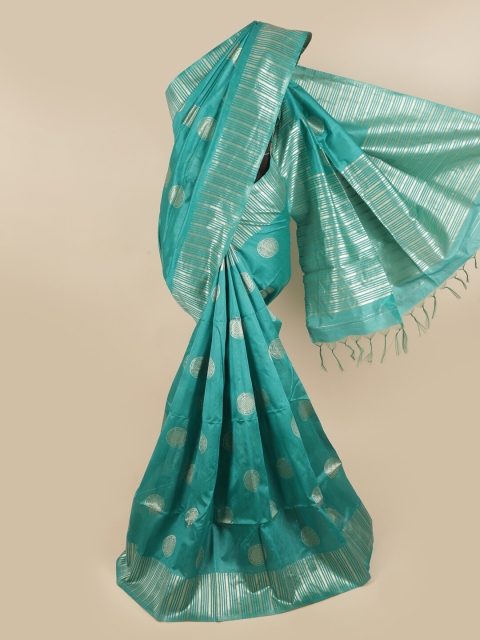 

Pothys Turquoise Blue & Silver-Toned Zari Jute Silk Saree