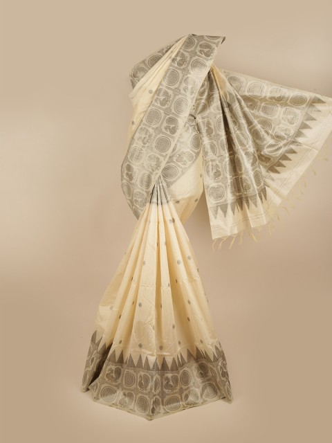 

Pothys Cream-Coloured & Grey Ethnic Motifs Jute Silk Saree