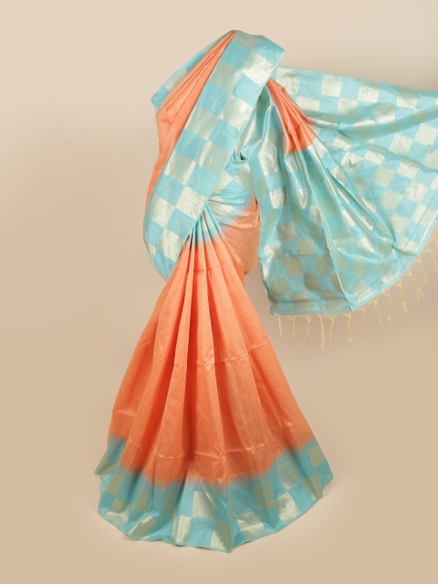 

Pothys Orange & Blue Zari Jute Silk Heavy Work Saree