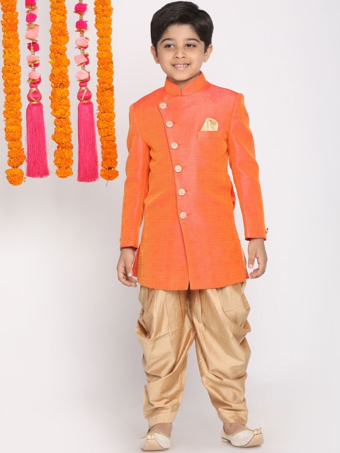

VASTRAMAY Boys Orange & Gold-Coloured Solid Slim-Fit Jute Cotton Sherwani Set